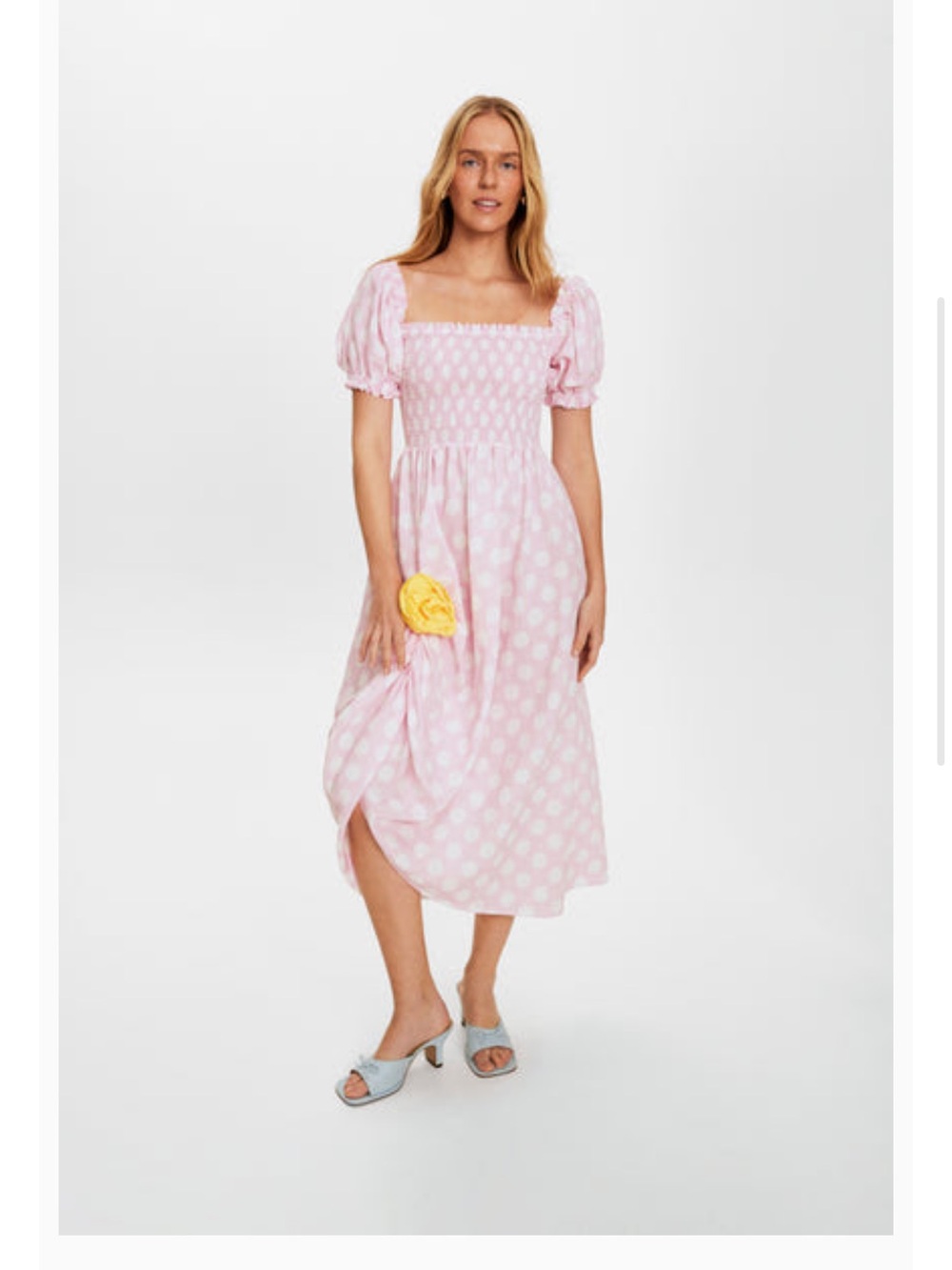 Sleeper Pink Polka Dot Puff Sleeve Midi Dress